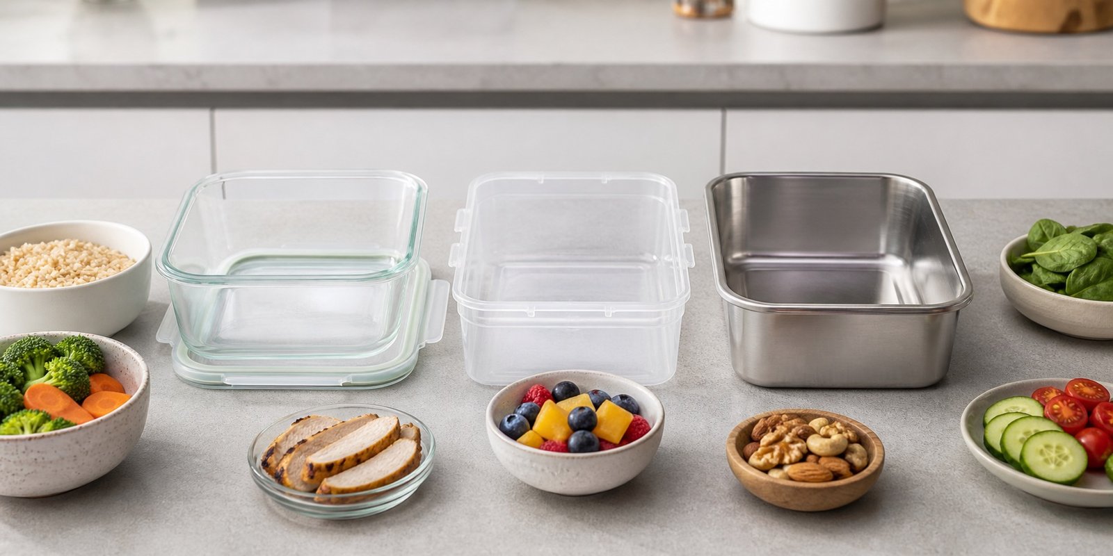 Comparação entre pote de vidro, plástico alimentício e inox para marmita fitness.