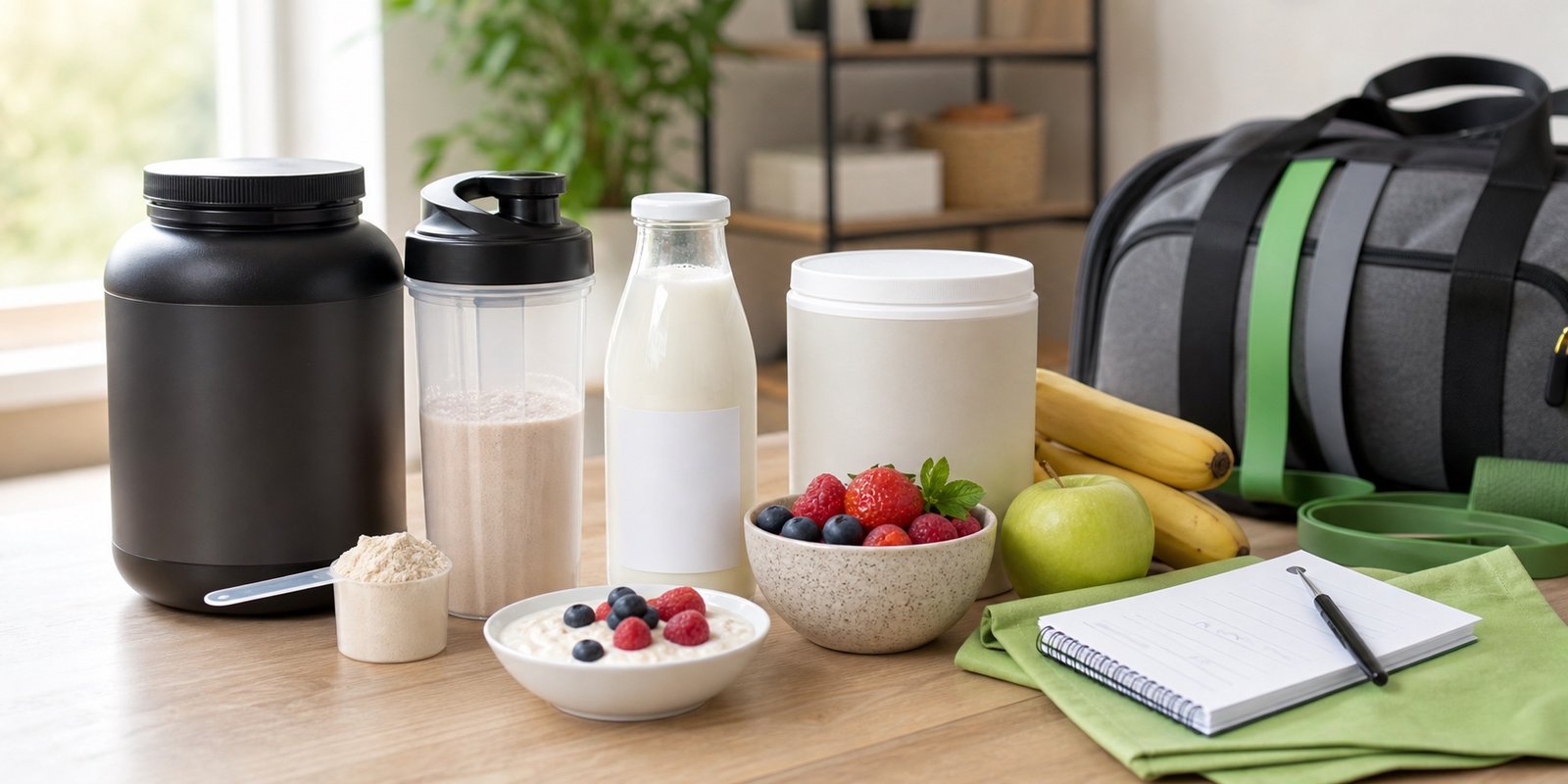 Whey, shaker, leite sem rótulo e alimentos simples para avaliar digestão, lactose e rotina de treino.