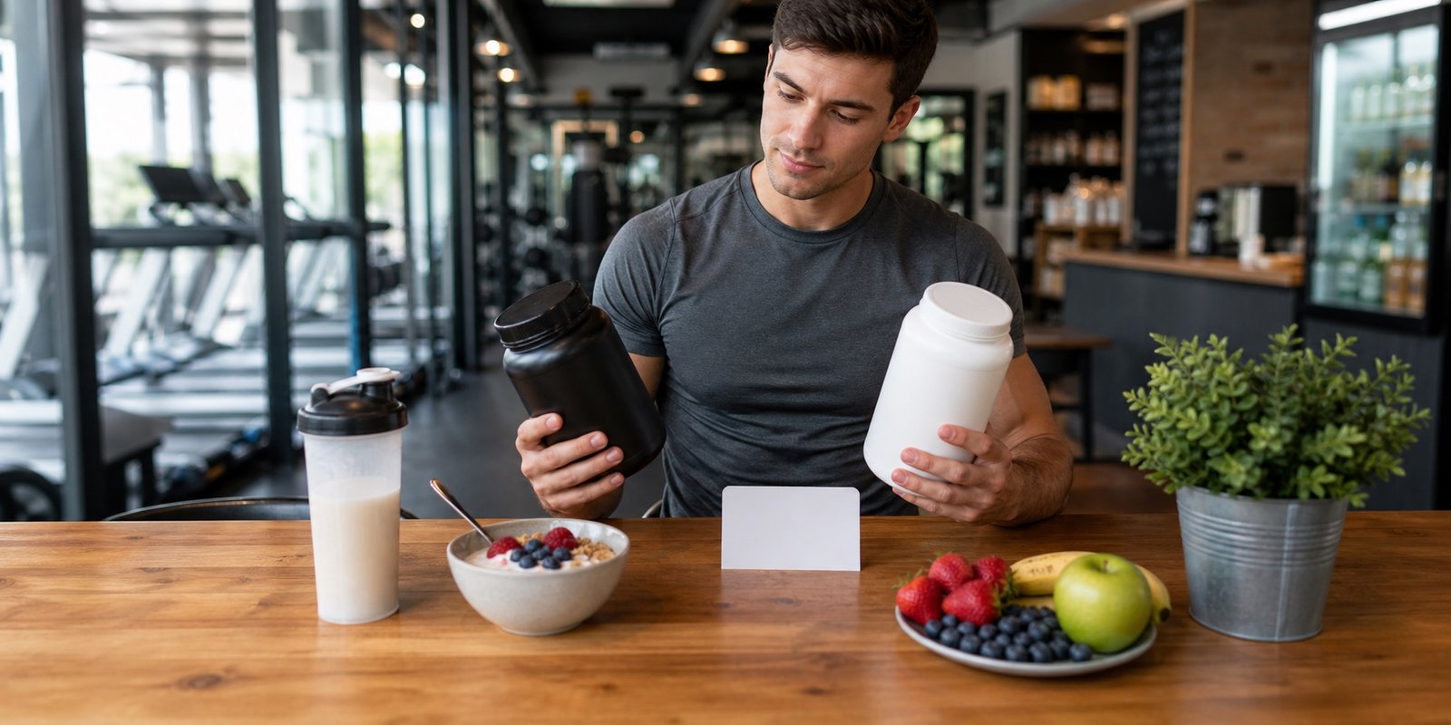 Pessoa comparando suplementos proteicos com shaker, iogurte e frutas para avaliar tolerância.