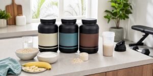 Whey protein isolado concentrado ou hidrolisado em potes sem marca com shaker e alimentos proteicos.