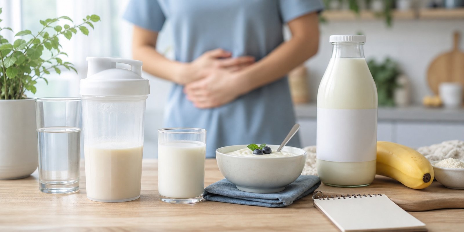 Shaker, leite, iogurte e pessoa em segundo plano representando cuidados com lactose e digestão ao escolher whey.