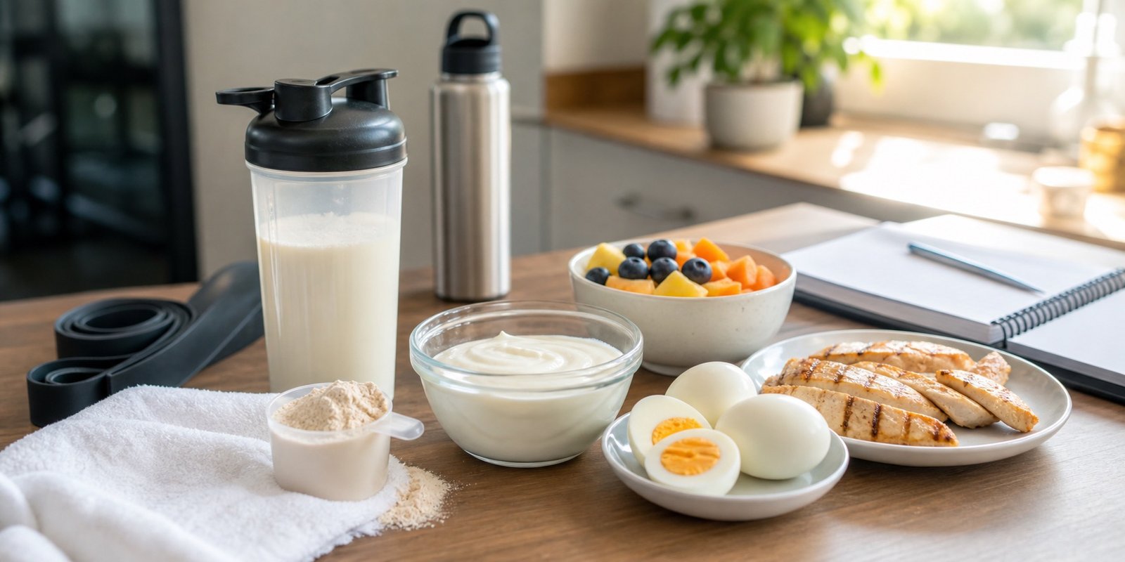 Shake de whey protein no pós-treino ao lado de iogurte, ovos, frango e frutas para completar proteína.