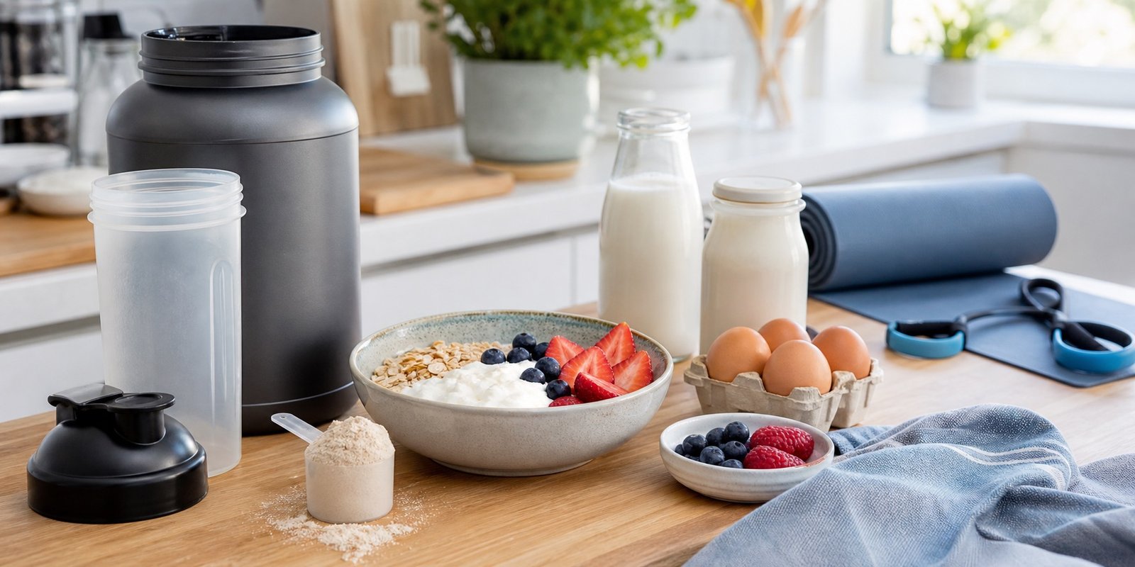 Whey protein, shaker e alimentos proteicos para completar proteína na rotina de hipertrofia.