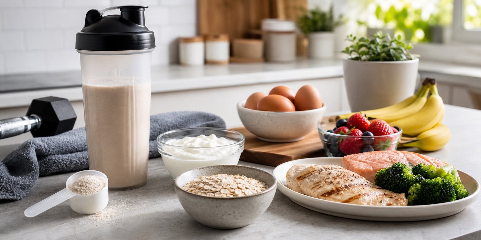 Shaker sem marca com ovos, iogurte, aveia e frutas para comparar proteína em pó e comida.
