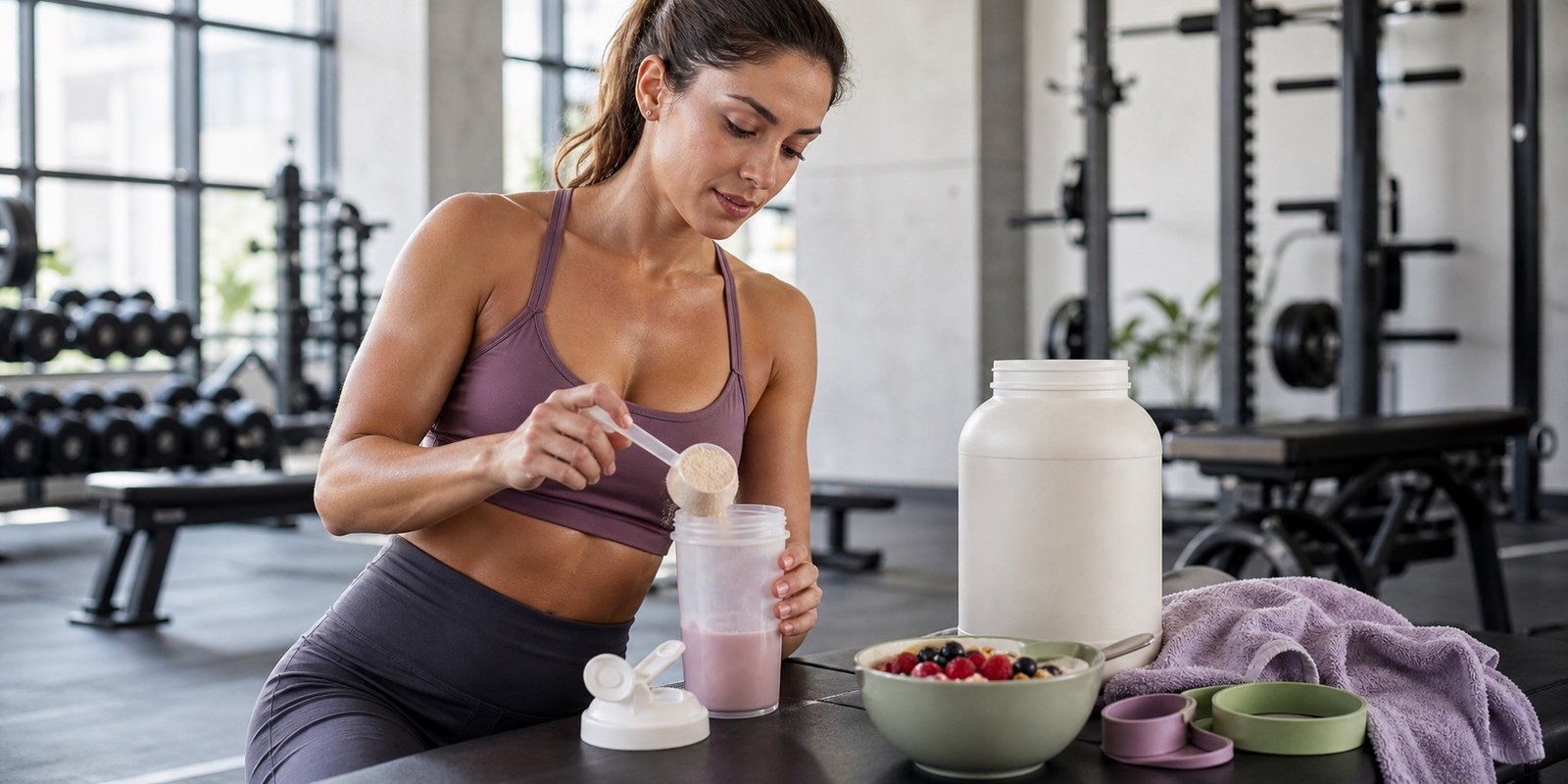 Mulher preparando shake de whey após treino de força, com alimentos proteicos e acessórios de academia ao lado.