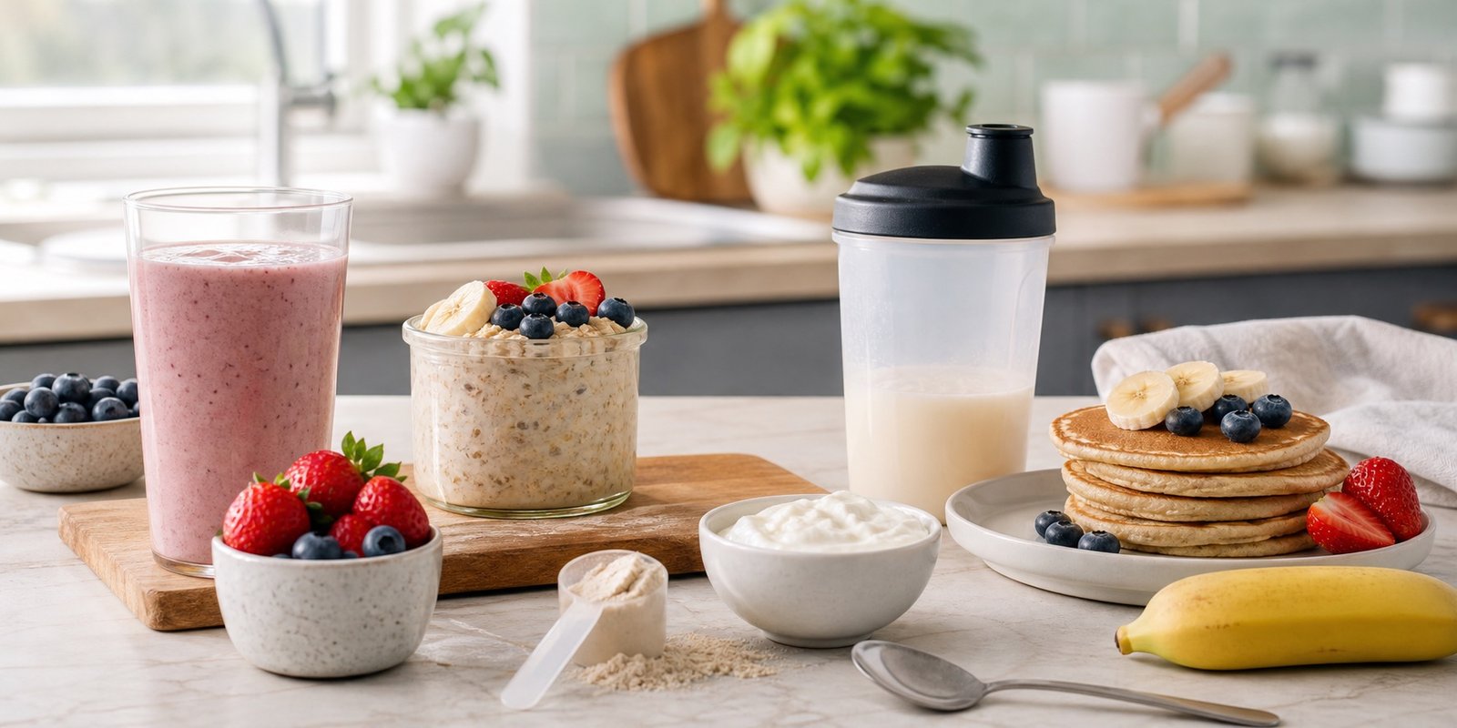Smoothie, overnight oats, panquecas, iogurte e shaker como ideias práticas para usar whey protein com comida real.