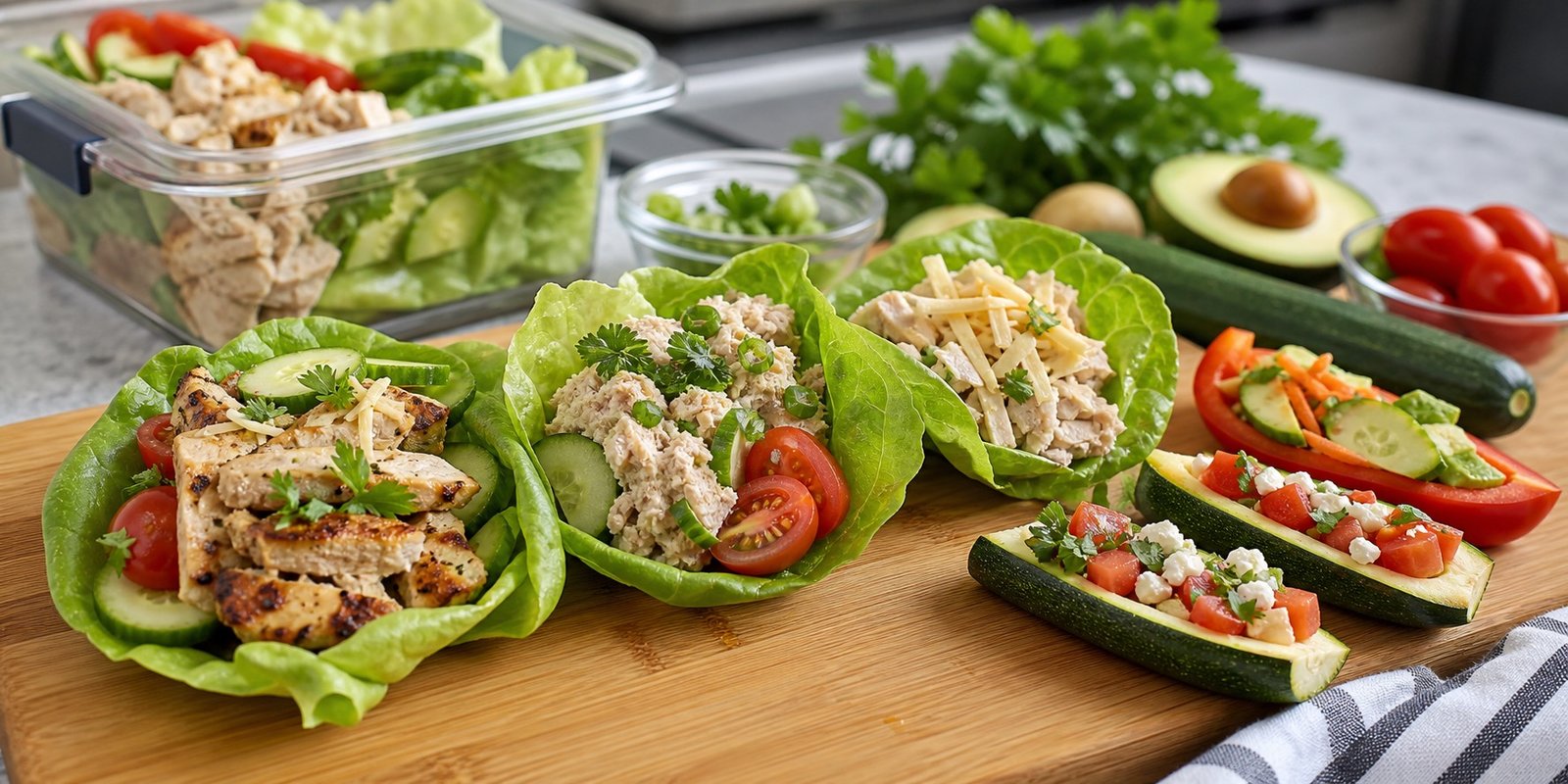 Wraps de alface e barquinhas de abobrinha recheados com frango, atum, queijo, tomate e pepino para substituir pão.