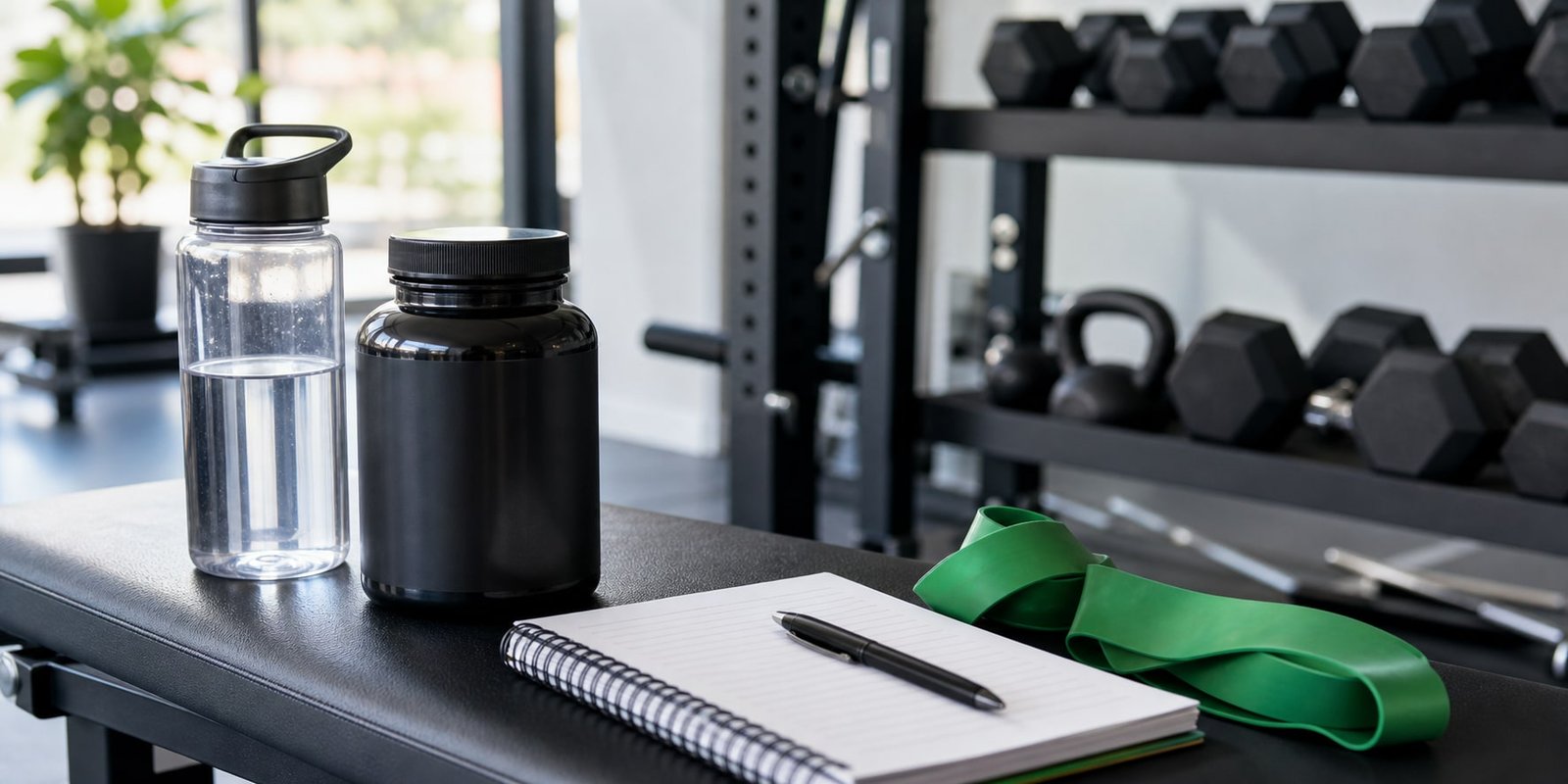 Equipamentos de treino e suplemento sem marca para avaliar promessas sobre testosterona com cautela.