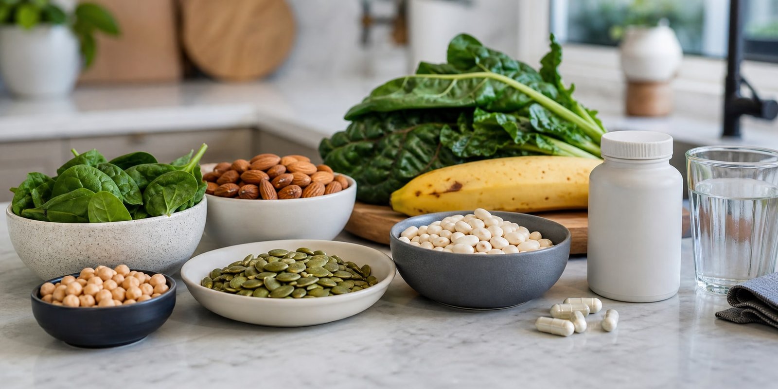 Alimentos com zinco e magnésio ao lado de cápsulas sem marca para explicar a composição do ZMA.