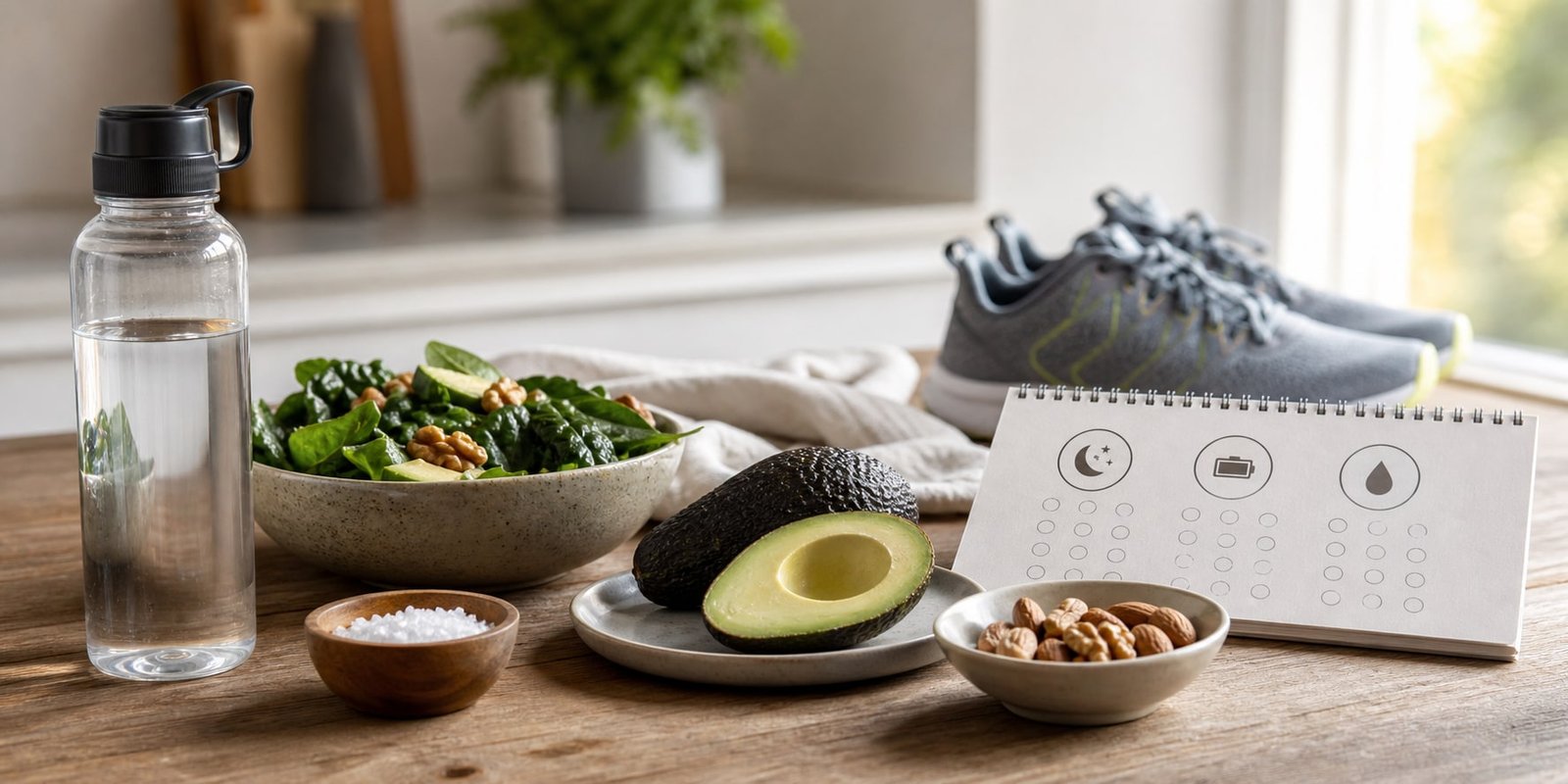 Água, sal, vegetais e treino leve representando hidratação e sintomas na adaptação à dieta cetogênica.