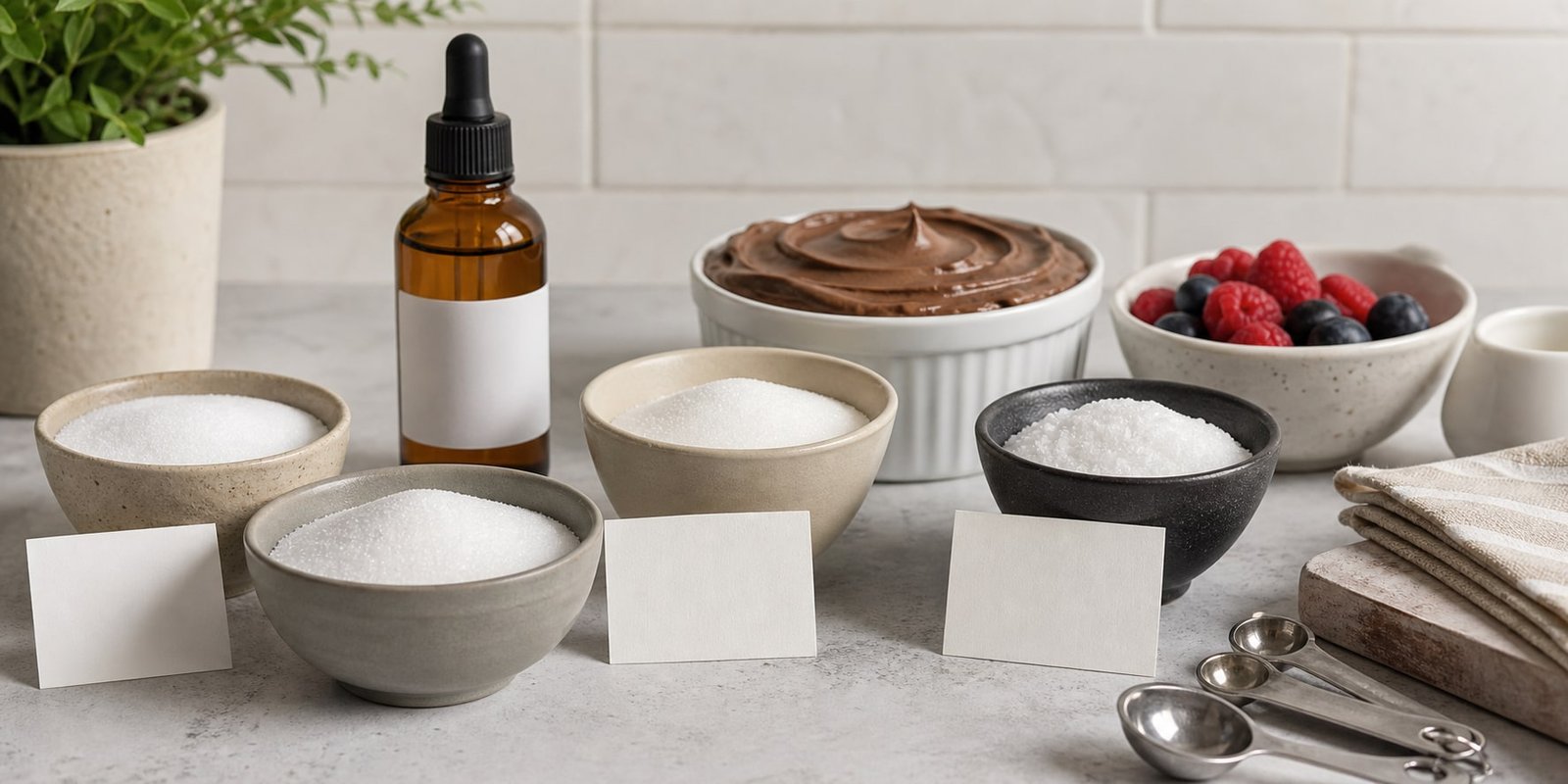 Adoçantes e medidores em bancada com creme de cacau e frutas para preparar doces cetogênicos.