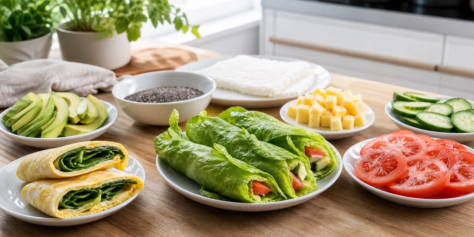 Pratos com wraps de ovos, folhas, avocado e vegetais como alternativas low carb para substituir tapioca.