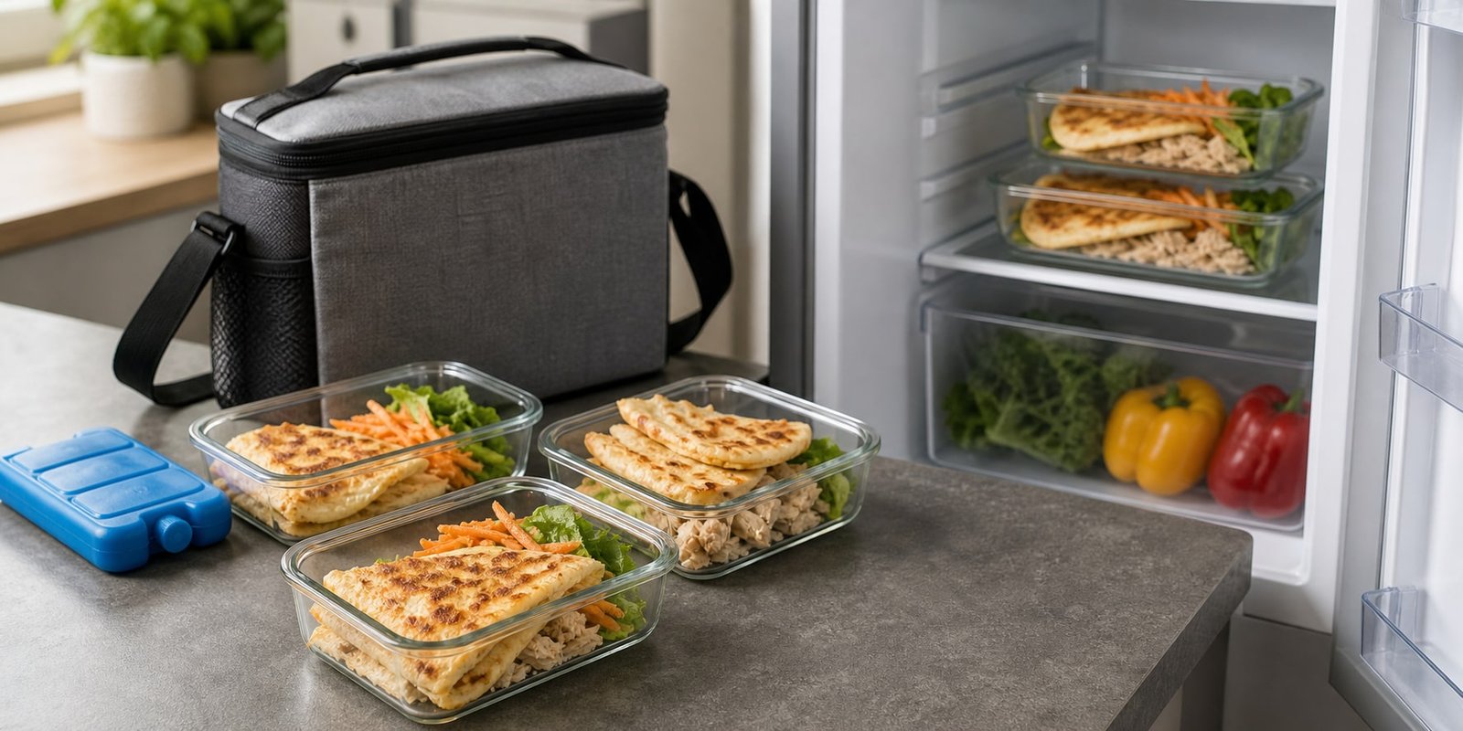 Marmitas de crepioca com frango em potes fechados perto da geladeira, bolsa térmica e gelo reutilizável.