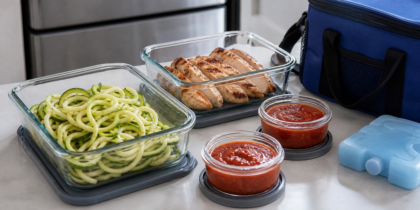 Potes de meal prep com macarrão de abobrinha, molho de tomate separado, frango e bolsa térmica.