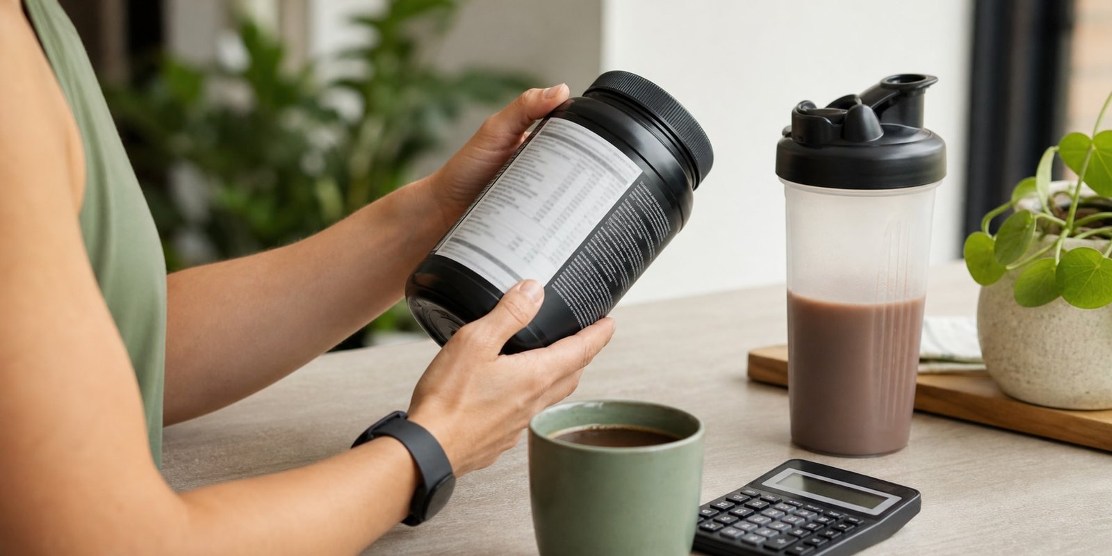 Mãos examinam um rótulo anônimo ao lado de calculadora, café e coqueteleira de pré-treino.