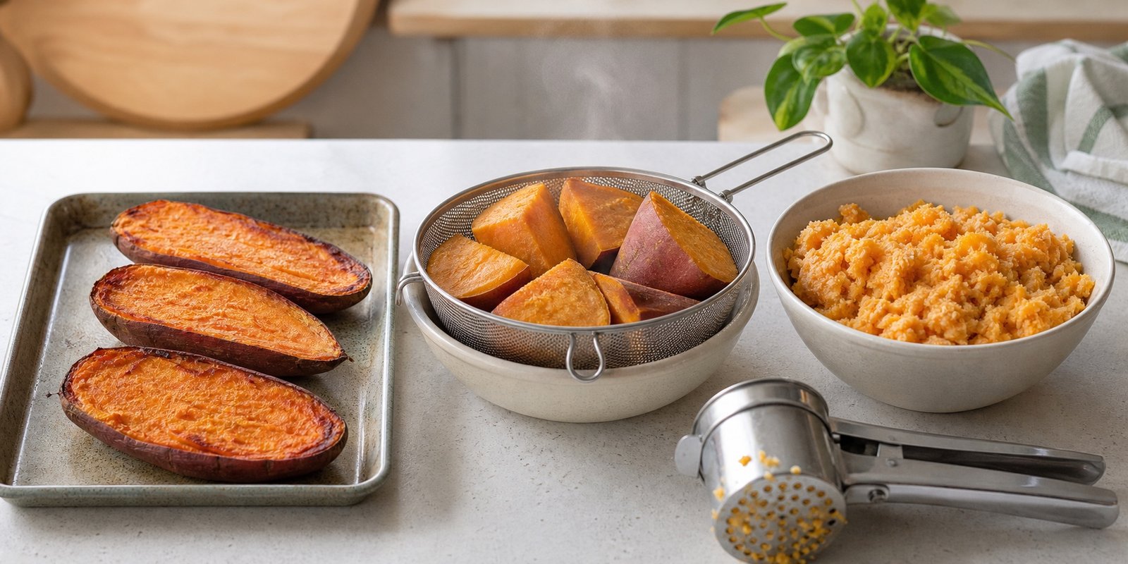 Batata-doce assada, cozida no vapor e amassada para controlar a umidade do nhoque de batata doce para marmita