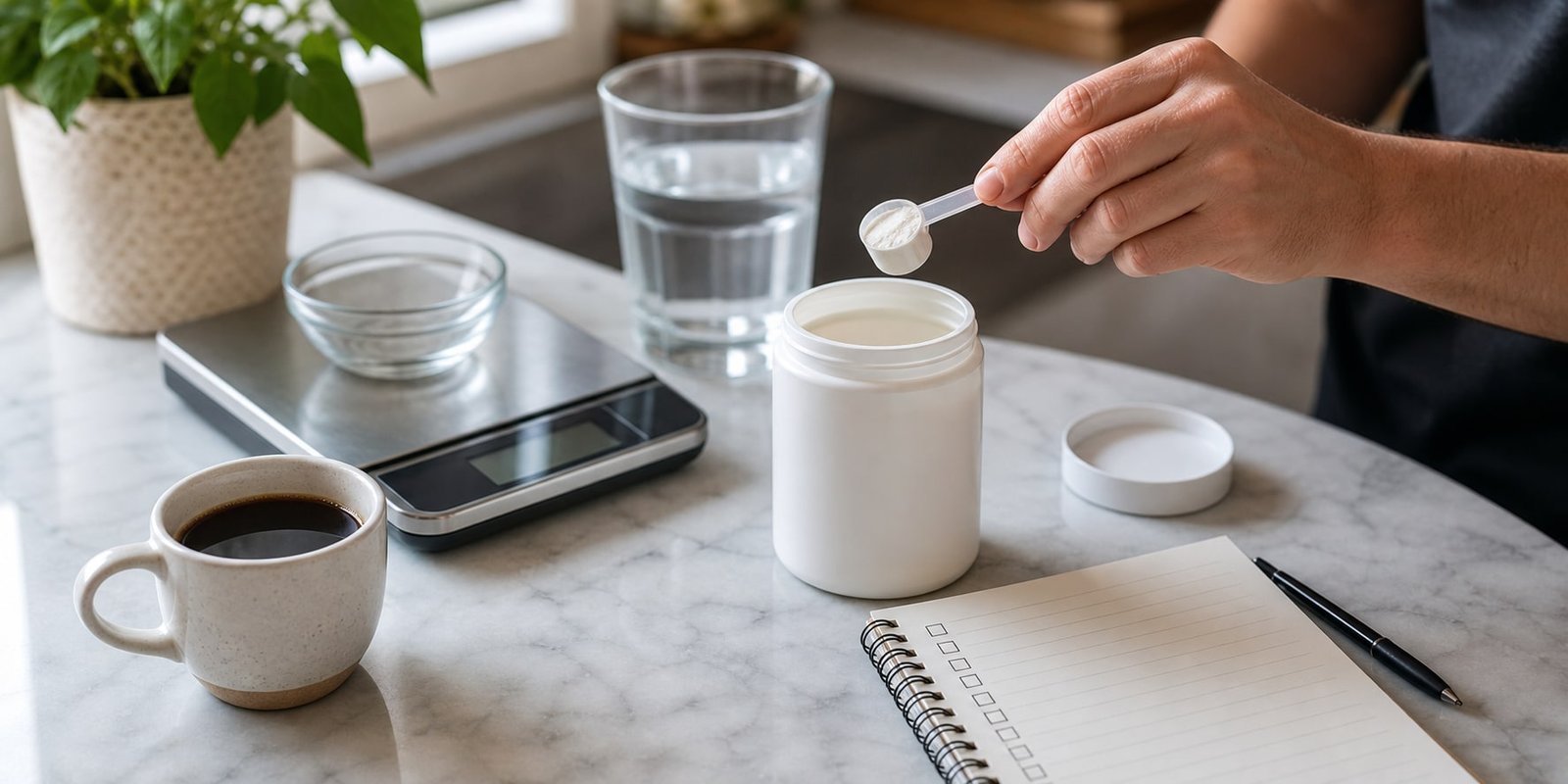 Café, medidor e suplemento sem marca para avaliar cafeína e dose de termogênico.