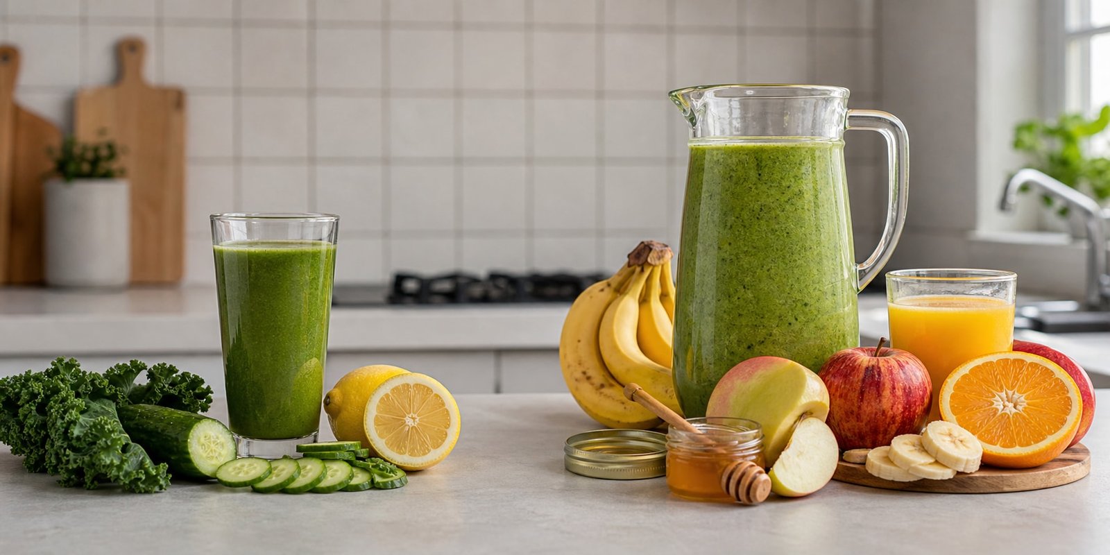 Copo de suco verde com pepino e couve comparado a uma jarra com banana, maçã, laranja e mel.