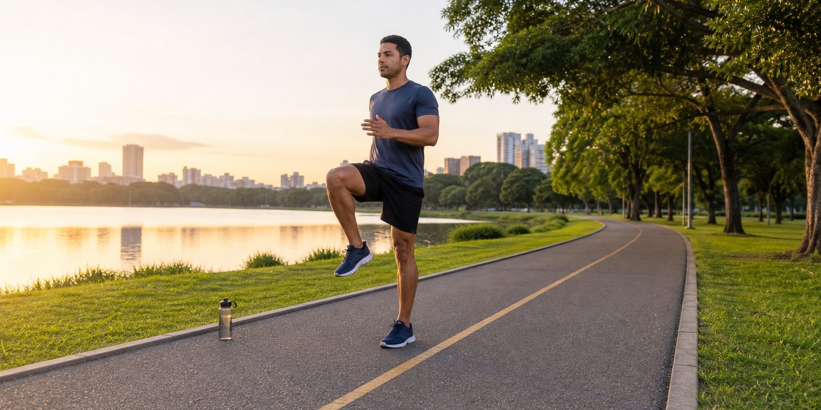 Homem faz marcha com joelho elevado antes de correr ao amanhecer em parque urbano.