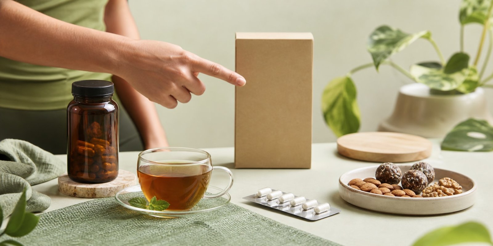 Suplemento, chá, blister fechado e alimento aparecem separados para distinguir categorias de produtos.