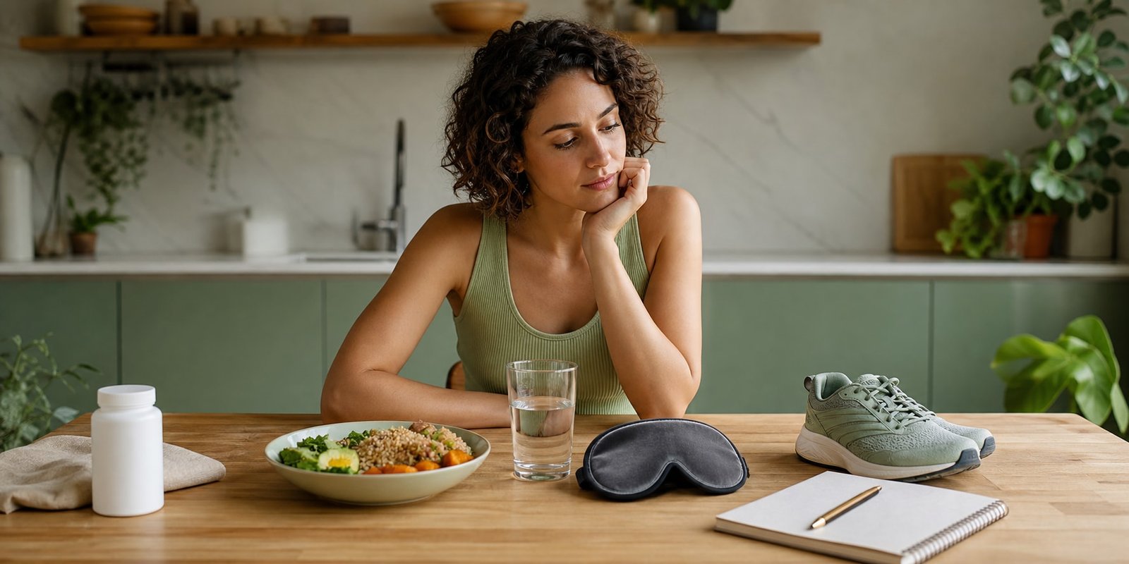 Mulher compara refeição, água, máscara de sono, tênis e caderno com frasco fechado ao lado.