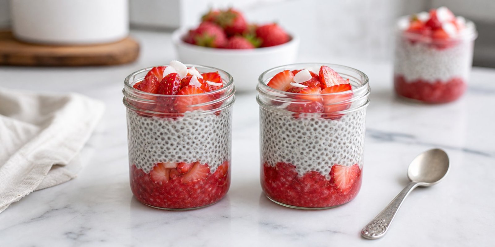Potes de chia pudding low carb com camada de morango sem açúcar, coco e morangos fatiados por cima.