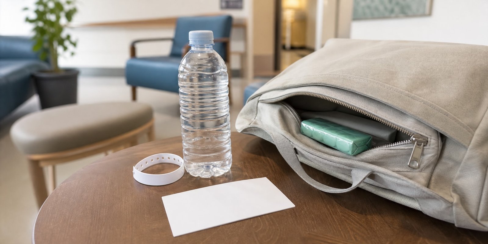 Pacote de chiclete permanece guardado em uma bolsa ao lado de água, pulseira e cartão de consulta.