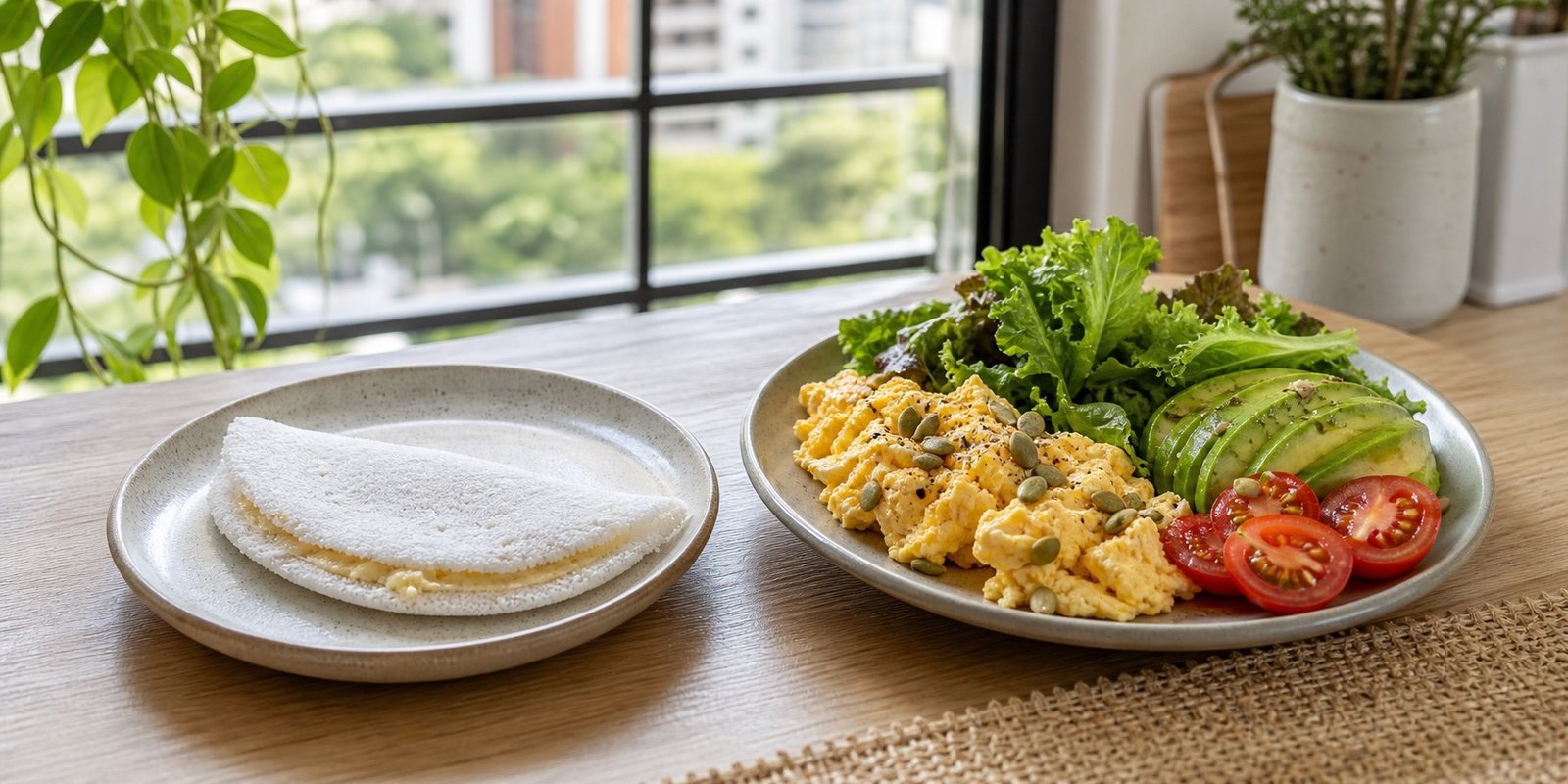 Tapioca ao lado de ovos, abacate e salada para comparar uma refeição rica em carboidrato com uma opção low carb.