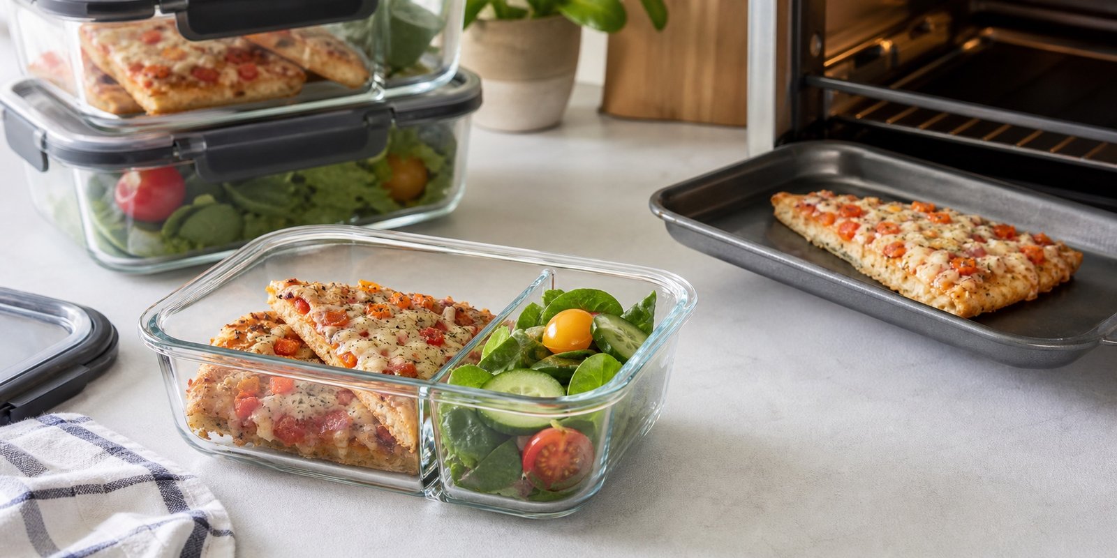 Pizza de massa de frango armazenada em pote e preparada para reaquecer