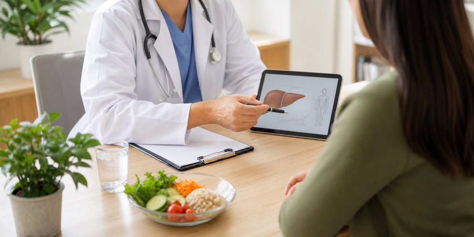Profissional de saúde conversando sobre exames de fígado e rotina alimentar em consultório claro.