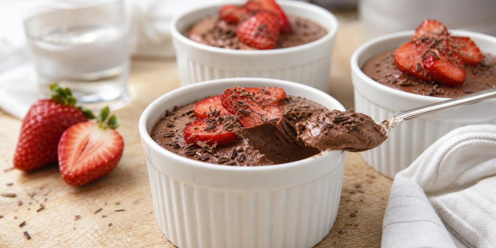 Ramequins de creme de cacau low carb com morangos fatiados, raspas de chocolate amargo e uma colher mostrando textura cremosa.