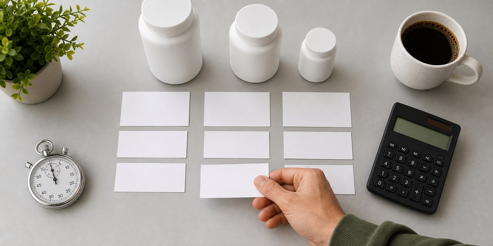 Cartões em branco, calculadora e suplementos sem marca para comparar se a compra vale a pena.