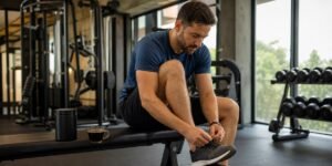 Atleta amarrando o tênis ao lado de café e frasco genérico de cafeína para treino.