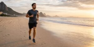 Corredor adulto pratica cardio na praia em areia firme ao amanhecer, com ritmo controlado e tênis.
