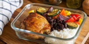 Marmita de sobrecoxa assada com arroz, feijão e legumes coloridos.