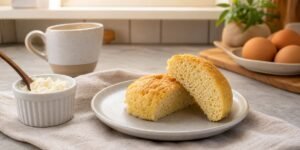 Pão cetogênico de micro-ondas fatiado, com miolo macio, ao lado de um ramequim.