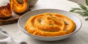 Purê de abóbora low carb cremoso e firme em tigela, com azeite, sálvia e cabotiá assada ao fundo.
