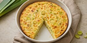 Quiche low carb de alho-poró assada, com uma fatia removida e recheio firme visível.