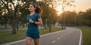 Corredora mantém ritmo no cardio de longa distância em ciclovia arborizada ao amanhecer.