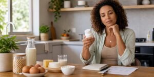 Mulher avalia vitamina B12 ao lado de ovos, laticínios, bebida vegetal, caderno e pedido de exames.