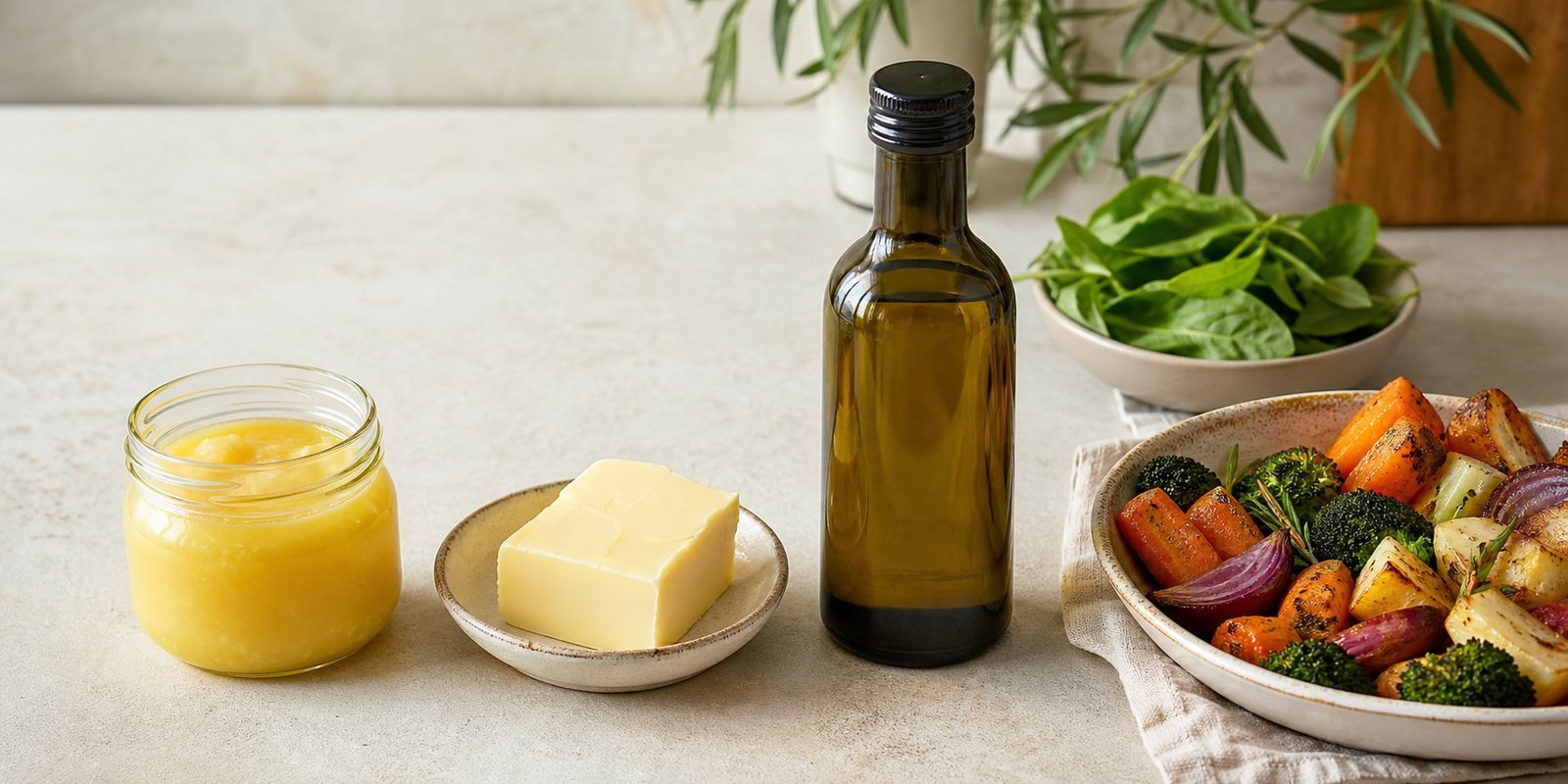Pote de ghee, manteiga e azeite de oliva dispostos ao lado de verduras assadas.