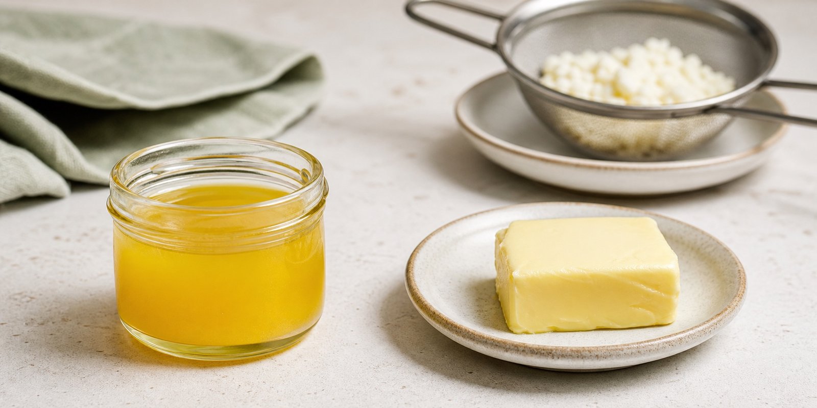 Pote de ghee clarificado ao lado de manteiga comum, mostrando a diferença visual entre as duas gorduras.