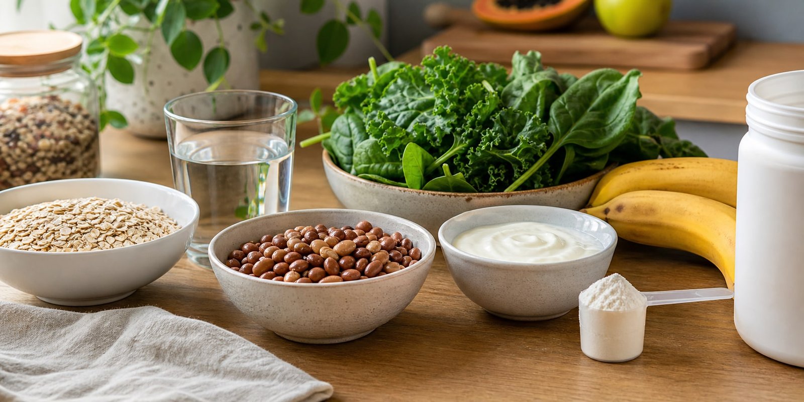 Mesa com fibras, iogurte, folhas, água e suplemento sem marca para representar intestino, alimentação e uso cauteloso de glutamina.