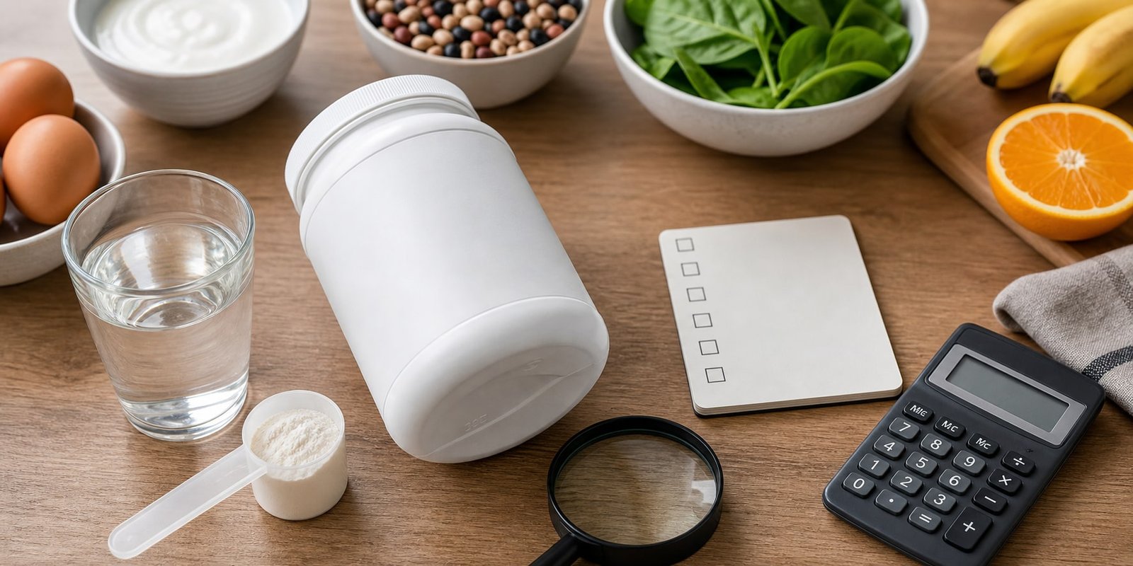 Suplemento sem marca, calculadora, lupa e checklist em branco para avaliar rótulo, dose e custo da glutamina antes de comprar.