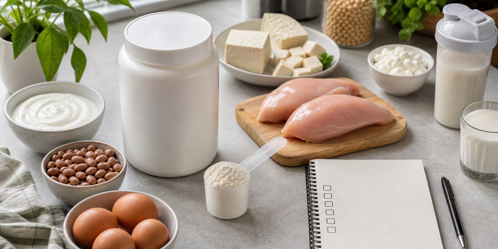 Alimentos ricos em proteína e suplemento sem marca lado a lado para mostrar que glutamina não substitui comida e contexto alimentar.