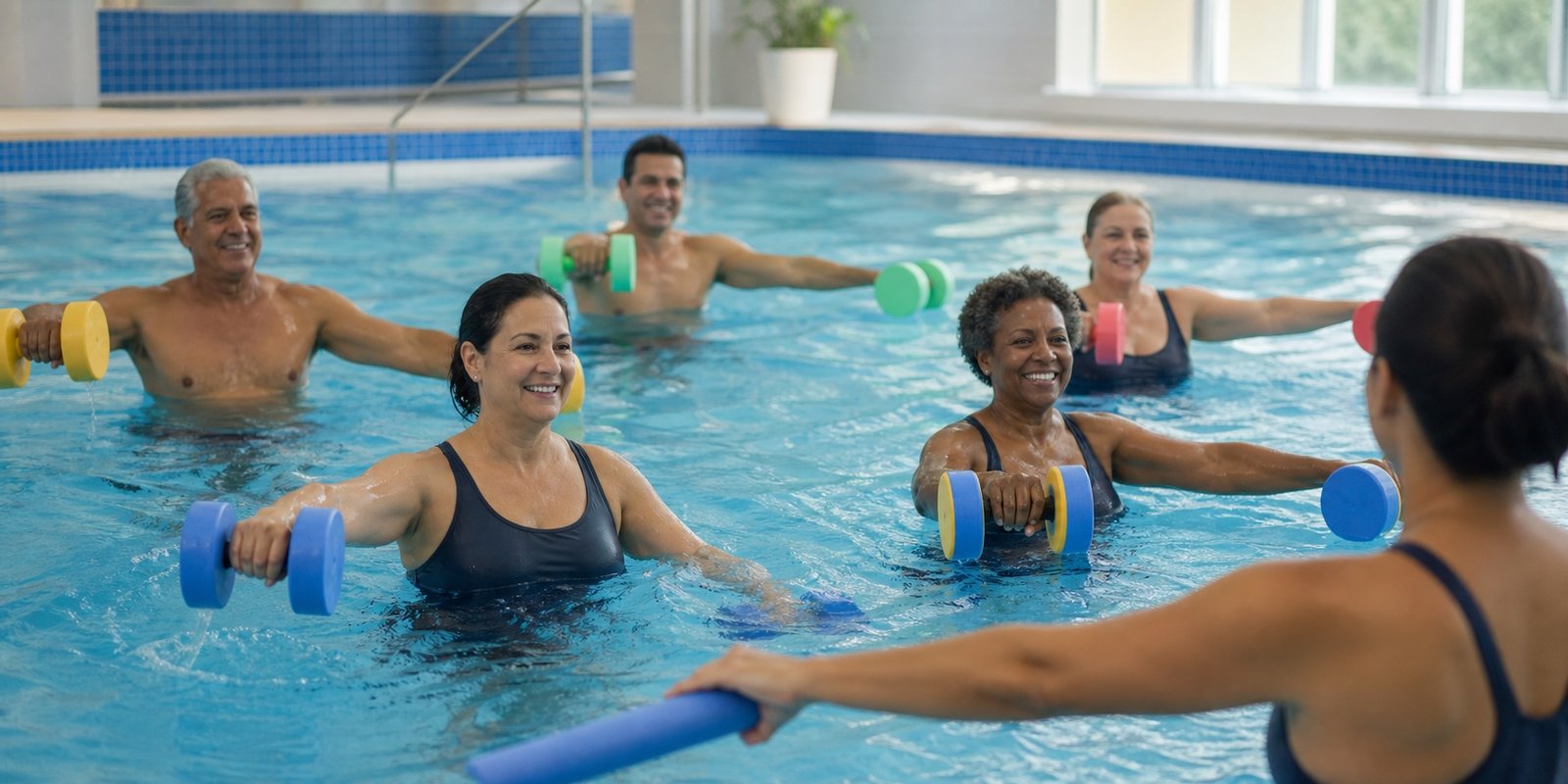 Grupo em aula de hidrofit usando halteres de espuma para mostrar benefícios e limites do cardio na piscina.
