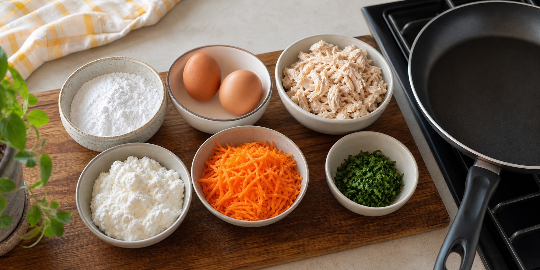 Ingredientes para marmita de crepioca com frango com ovos, goma de tapioca, frango desfiado, cenoura e ervas.