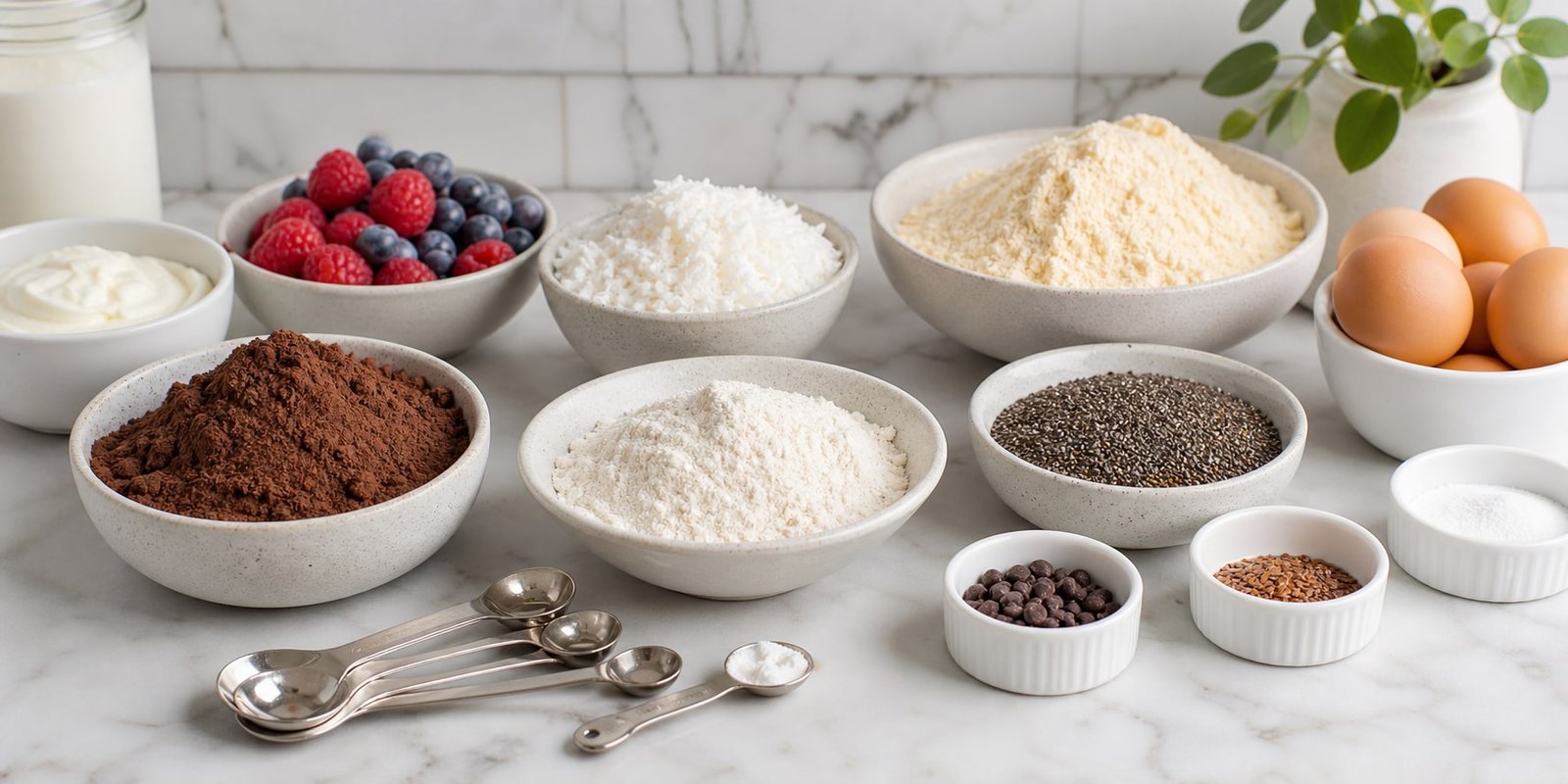 Ingredientes para doces de colher cetogênicos com farinhas low carb, cacau, coco, chia, ovos e frutas vermelhas.