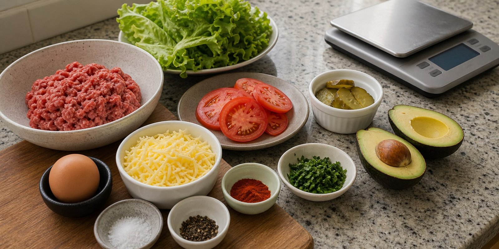 Ingredientes para hambúrguer cetogênico caseiro com carne moída, ovo, queijo, folhas, tomate, abacate, picles e temperos separados.