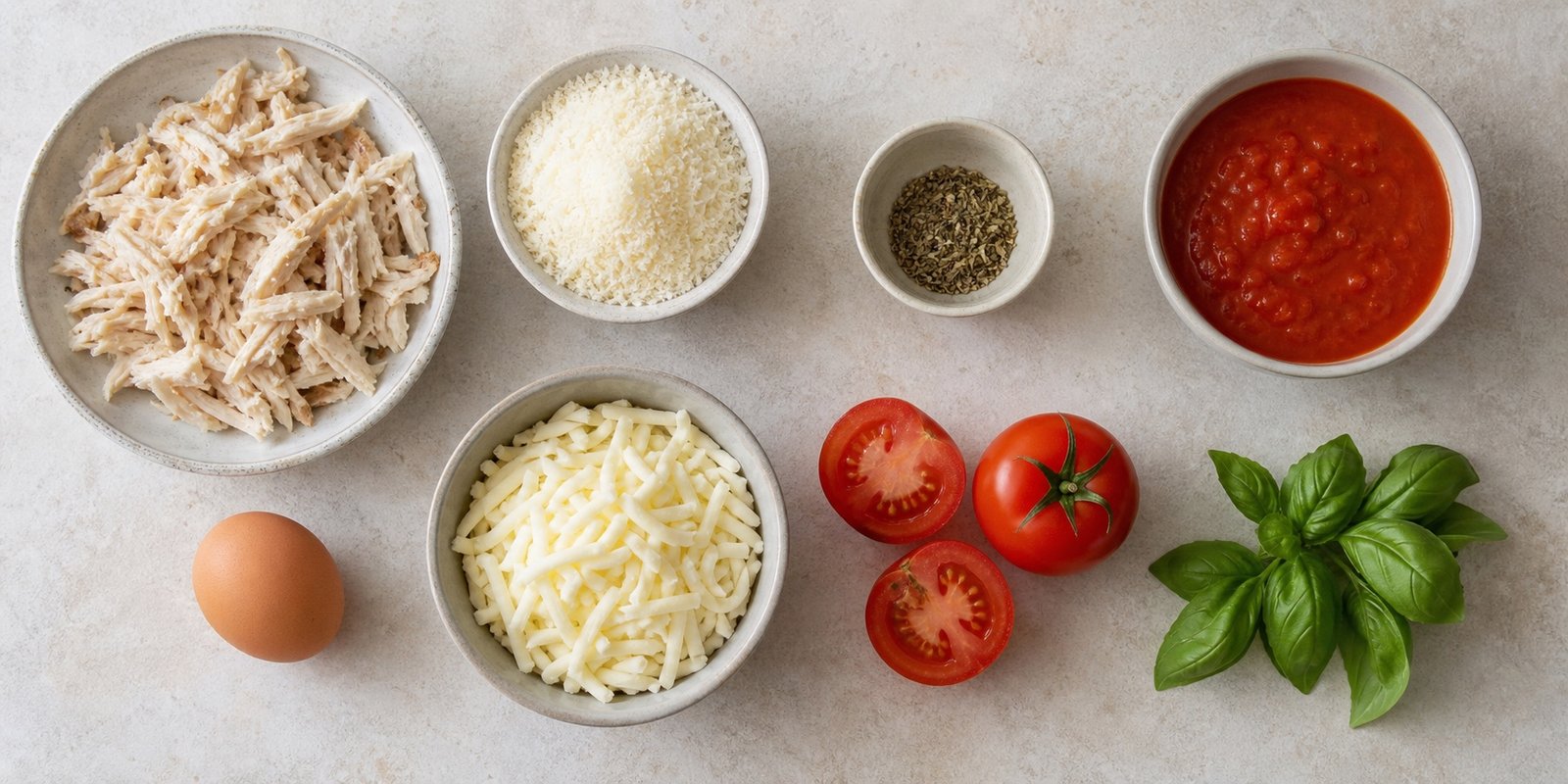 Ingredientes da pizza low carb com massa de frango organizados na bancada